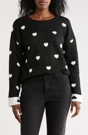 Bobeau Scattered Heart Pullover Sweater in Black/Ivory at Nordstrom Rack, Size X-Small