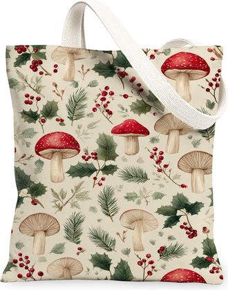 Generic Mushroom Floral Canvas Tote Bags, Vintage Botanical Pattern Reusable Bags, Winter Eco-Friendly Lightweight Washable Canvas, Beige, 13x15 Inch