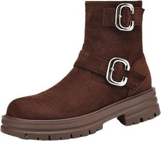 Generic Womens Ankle Boots With Double C Shaped Metal Buckles Soft Suede Like Fabric Nonslip Wear Resistant Thick Sole Comfortable For Daily Commute Casual Ou