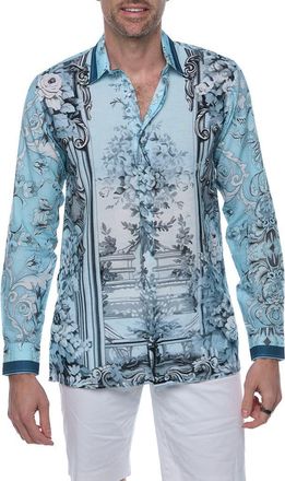 Ranee’s Extra Trim Fit Print Linen & Cotton Button-Up Resort Shirt in Light Blue at Nordstrom Rack, Size Small