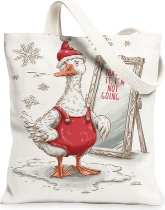 Generic Winter Duck Canvas Tote Bags, Funny Bird Design Reusable Grocery Bags, Holiday Lightweight Washable Shoulder Strap Canvas F, White, 13x15 Inch