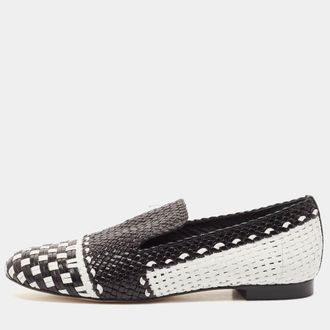 Stuart Weitzman Black/white Woven Leather Riviera Smoking Slippers