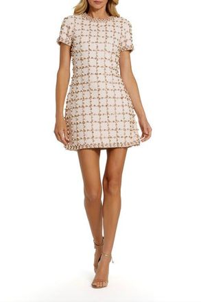 Mac Duggal Short Sleeve Rhinestone Beaded Neoprene Mini Dress in Blush at Nordstrom, Size X-Small
