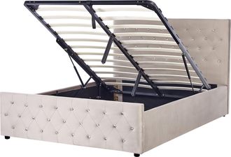 Beliani Cama Doble Tapizada En Terciopelo Gris Pardo 140 X 200 Cm Con Almacenamiento Cabecero Acolchado Amiens