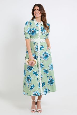 Wallis Womens Summer Cotton Floral Shirt dress - Green - Size 18 UK