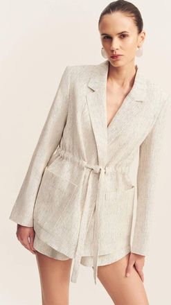 Shona Joy Alto Belted Blazer In White Pinstripe
