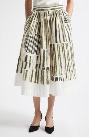 Jason Wu Stripe Collage Stretch Cotton Midi Skirt in Plaster/hunter Green Plhg at Nordstrom, Size 12