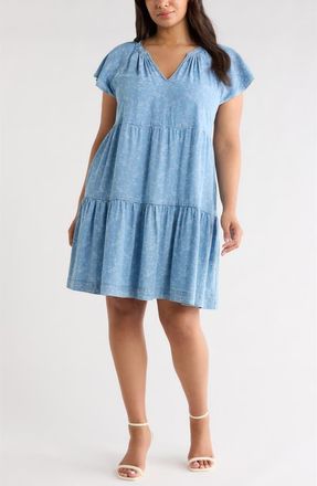 Liverpool L.A. Tiered Floral Flutter Sleeve Denim Dress in Indigo Roses at Nordstrom, Size 1 X