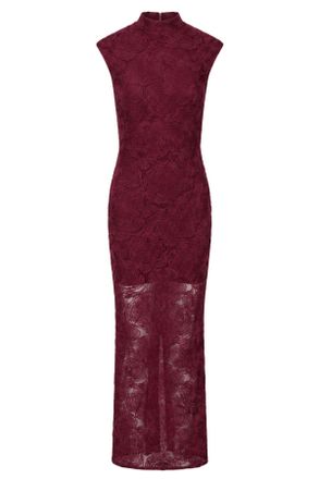 Rotate Burgundy High Neck Textured Floral Mesh Maxi Dress