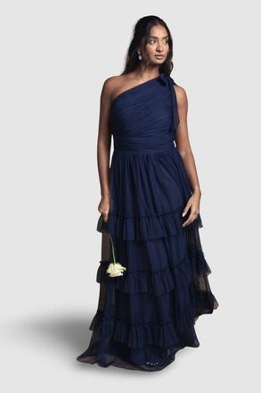 Oasis Pleated One Shoulder Tiered Maxi Dress in Navy at Nordstrom, Size 10