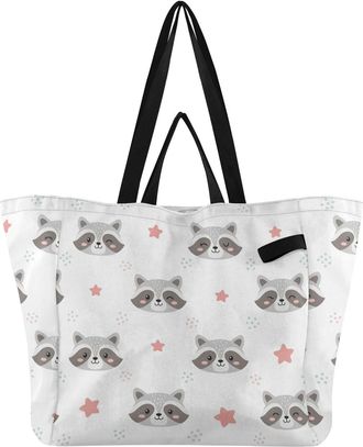 Generic Stars Pink Raccoon pattern Reusable Canvas Tote Bag, Heavy Duty Grocery Shopping Bag with Large Capacity Double Handles Hard Bottom Work Groceries Tra