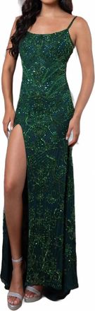 Rachel Allan Beaded Stretch Tulle Prom Dress In Hunter Green