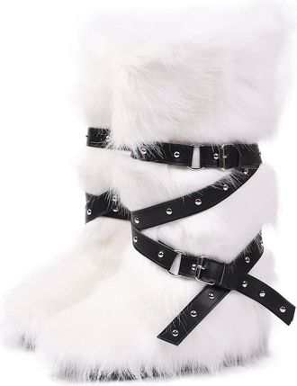 Generic Womens Winter Knee High Boots Fluffy Faux Fur Boots With Thick Fleece Lining Cozy Snow Boots Available In Plus Sizes(White,4.5)