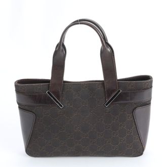 Gucci Brown Leather Canvas Handbag Tote Bag (Pre-Owned)