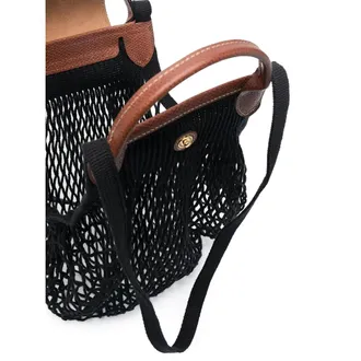 Longchamp Mesh Cotton and Calf Leather Tote Bag - Black