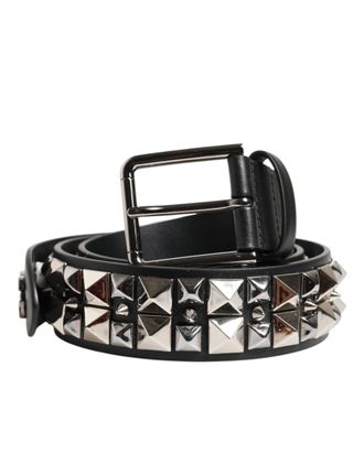 Dolce & Gabbana Black Calf Leather Studded Silver Buckle Mens Belt