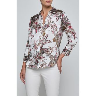 L'agence Dani Butterfly Print Three-Quarter Sleeve Silk Button-Up Shirt in Butterfly Jungle at Nordstrom, Size Xx-Large