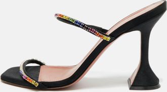 Amina Muaddi Black Crystal Embellished Satin Gilda Slide Sandals
