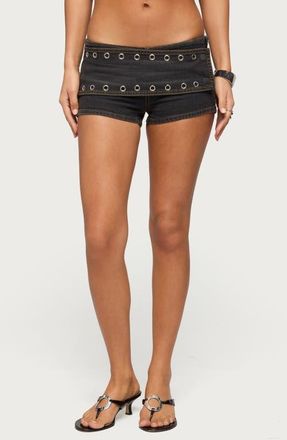 Edikted Gabrielle Low Rise Grommet Denim Shorts in Black at Nordstrom, Size X-Large