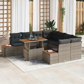 vidaXL Vidaxl - Conjunto De Comedor De Jard&iacute;n Con Coj&iacute;n 9 Pcs Gris, Marr&oacute;n