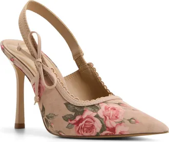 Aldo Hennie Pointed Toe Floral Slingback Pump in Beige Combo at Nordstrom, Size 7.5