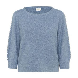 Kaffe Blauwe Melange Pullover met Kralenmouwen - Dames - Ronde hals truien - Blauw - 2XL - Wol - Truien & Vesten