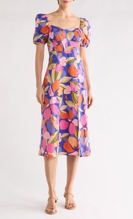 Vince Camuto Floral Puff Sleeve A-Line Midi Dress in Blue Multi at Nordstrom Rack, Size 14