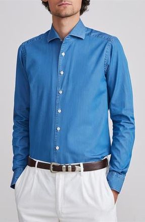 Emanuel Berg Modern Fit Luxe Denim Twill Button-Up Shirt in Medium Blue at Nordstrom Rack, Size Large/x-Large