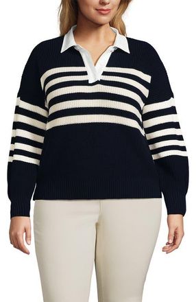 Lands End Drifter Rugby with Woven Collar Sweater in Navy/ivory Placed Stripe at Nordstrom, Size 3X