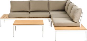 Beliani Conjunto De Jard&iacute;n 5 Plazas De Madera Sint&eacute;tica Clara Blanco Mesa De Dise&ntilde;o Cojines Grises Moderno Positano