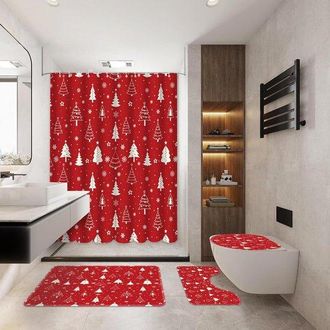 No Brand Juego De 4 Piezas De Cortina De Ducha Con Dise&ntilde;o De &Aacute;rbol De Navidad Rojo, Impermeable, Con Alfombrillas Antideslizantes Para El Ba&ntilde;o Y Art&iacute;culos De A