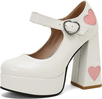 Generic Womens Platform Chunky Heel Mary Jane Shoes Spring and Autumn Heels Bridal Party Dress Pumps,White,5.5 UK
