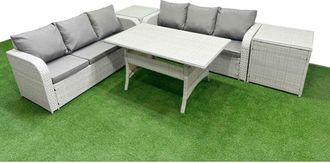 Fimous Outdoor Garden Furniture Sets 6 Seater Wicker Rattan Furniture Sofa Sets with Rectangular Dining Table high Back Lounge Sofa 2 Side Table Light Grey