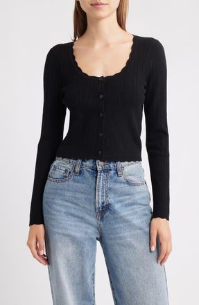 LoveShackFancy Martti Scallop Trim Crop Pointelle Cardigan in Black at Nordstrom, Size Large