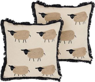 Beliani Beliani - Scatter Toss Cushion Set of 2 Pillow Beige Sheep Motif Pattern Print Fringes Tassels 45 x 45 cm Bannu