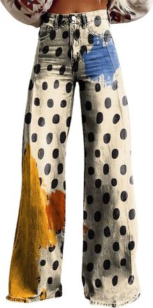 Generic 2025 Summer Vintage Baggy Jean for Woman Floral Print Flare Jeans for Womens Dark Wash Low Waist Baggy Denim Pants Fashion (Colors8,L)