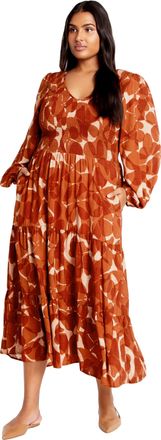 City Chic Womens Apparel Jayden Puff Sleeve Tiered Print Dress, Amber Jewel, 26 Plus