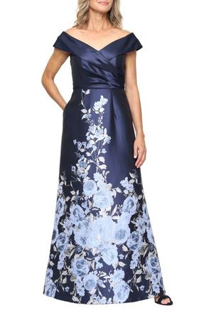 Alex Evenings Print Off the Shoulder Gown in Navy Multi at Nordstrom, Size 10