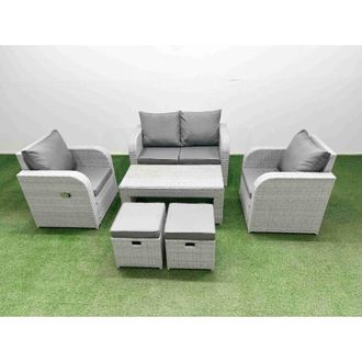 Fimous Light Grey pe Wicker Rattan Garden Furniture Set Sofa Set Reclining Adjustable Chair Oblong Coffee Table 6 Seater 2 Small Stools Side Table - Fimous