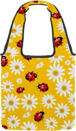 Generic Ladybugs Flowers Yellow Reversible Canvas Shoulder Tote - Double-Sided Print, 12oz Cotton, 27cm Drop, Fold-Flat Bag for Travel, Shopping, Street Outin