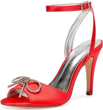 Generic Womens Heels Wedding Bridal Ankle Strap High Heels Heeled Open Toe Satin Prom Party Dress Stiletto Sandals 10.5Cm,red,9 UK