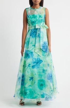 Eliza J Floral Illusion Neck Organza Ballgown in Green Mult at Nordstrom Rack, Size 14