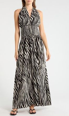 Elan Halter Smocked Waist Maxi Cover-Up Dress in Black Zebra at Nordstrom, Size X-Large