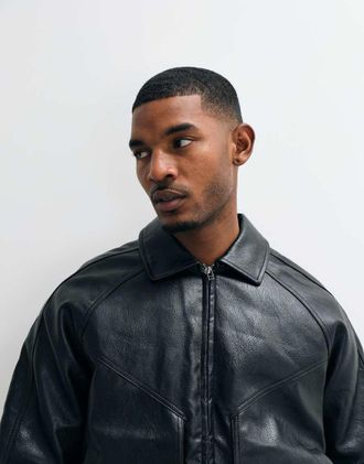 Cotton On giacca harrington in similpelle nera slavata-Nero
