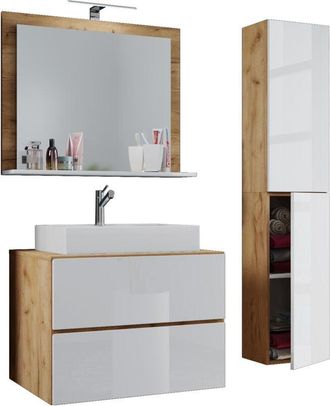 ebuy24 Ebuy24 - vcm 4 piezas Lavabo Lavabo gabinete inferior ancho 80 cm Muebles de baño conjunto con cajones puertas giratorias espejo Lendas l (roble miel