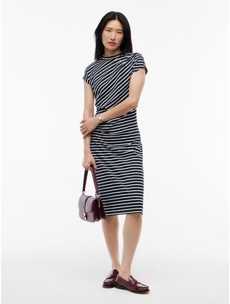 Tommy Hilfiger Womens Draped Cotton Interlock Dress - Breton Stripe / Navy - XL