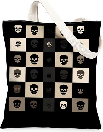 Generic Gothic Skull Canvas Tote Bags, Vintage Checker Pattern Reusable Grocery Bags, Lightweight Washable Shoulder Strap Canvas Fo, Black, 13x15 Inch