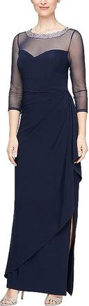 Alex Evenings Long Illusion 3/4 Sleeve Side Ruched Dress w/ Embellished Neckline Womens Dress Navy : 10, Spandex/Polyester/Jersey