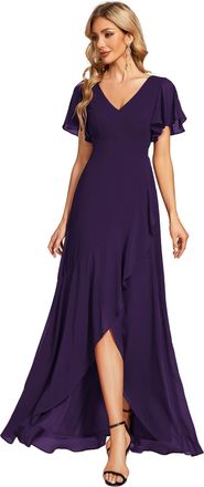 Ever-pretty Womens Maxi Cocktail Dress Chiffon V Neck Empire Waist Ruffle Sleeves Dark Purple 28