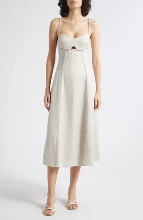 Reiss Sage Lattice Inset Linen Blend Midi Dress in Neutral at Nordstrom, Size 14